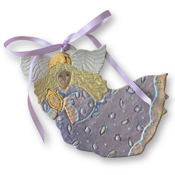 Rotter, Vintage Hand Painted Ceramic Purple Lavender Large Angel Ornament - Picture 1 of 3